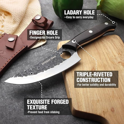 Mossy Oak Chef Knife, Kitchen Knife for Boning, Cutting, and Chopping, Hand Forged Boning Knife Full Tang Handle with Genuine Leather Sheath, Meat Cleaver Knife for Outdoor Cooking, Camping