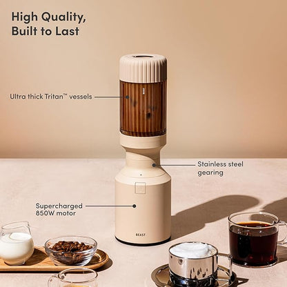 Beast Mighty 850 | Premium Compact Personal Blender | Smoothies, Shakes, Dressings, Sauces, Desserts, Dips | Blends Ice and Frozen Fruit | Includes Extra Lids and Straws | 850W (Sand)