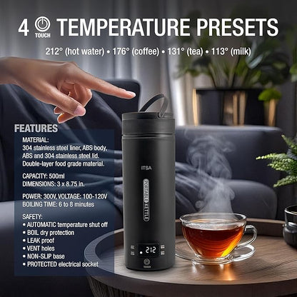 ITSA Travel Electric Kettle 500ml Portable Stainless Steel Water Boiler with Temperature Control & Auto Shut Off – Mini Electric Kettle for Coffee, Tea & Hot Water, BPA-Free