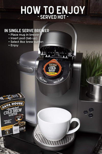 Java House Single-Serve Cold Brew Coffee Pods – 100% Arabica Liquid Concentrate – Smooth & Bold Colombian Roast – 6 Pods – Ready Hot or Iced, TSA Approved