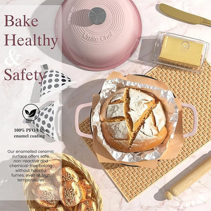 Cast Iron Dutch Oven Pot with Lid, Round Bread Oven for Sourdough Bread Baking, Umite Chef Enameled Cast Iron Bread Oven with Dome Lid & Cotton Potholders for Sourdough, Pink, 6 Quarts