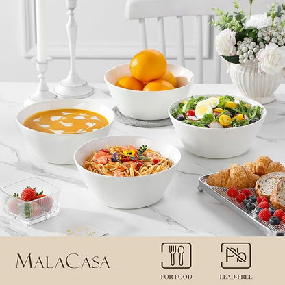 MALACASA Large Salad & Soup Bowls - Set of 4, 60 OZ Porcelain White Bowls for Ramen, Pasta, Pho - Microwave & Dishwasher Safe