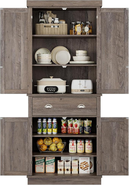 FOTOSOK 72" Kitchen Pantry Storage Cabinets with Drawer, Freestanding Cupboard with 4 Doors, Drawer, 4 Shelves, Utility Pantry Cabinet for Kitchen, Dining Room, Living Room, Ash Grey