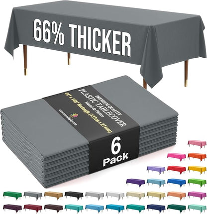 Exquisite 66% Thicker Premium Plastic Table Cloth Rectangle Table Cover 0.5 Mil 6 Pack Silver Table Cloth 54 Inch x 108 Inch Disposable Tablecloth Won't Tear Easily Like Cheap Thin Brands