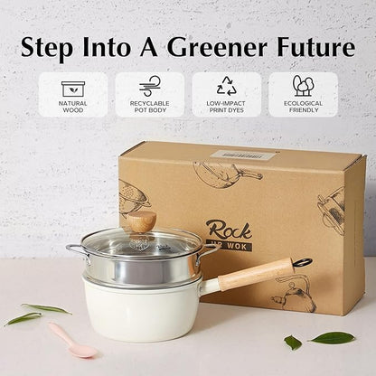 ROCKURWOK Ceramic Nonstick Sauce Pan, 3 QT Pot with Steamer, Non Toxic & PFAS-Free, Wooden Handle for Cool Touch, Universal Base(Gas, Electric & Induction), White