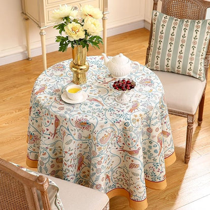 patdrea Designer Yellow French Round Tablecloth,Rustic Linen Floral Birds Table Cloth,Fall Decor Table Cover for Kitchen Dining Holiday Banquet,Christmas,Thanksgiving,Diameter 67"-Magnolia