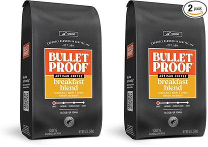 Bulletproof Breakfast Blend Light Roast Ground Coffee, 12 Ounces, Clean Coffee Tested for Toxins, Packaging May Vary (Pack of 2)