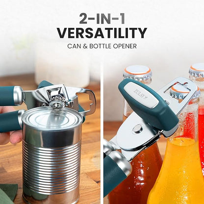 Zulay Kitchen Heavy Duty Stainless Steel Can Opener Manual with Bottle Opener - Rust Proof Manual Can Opener With Turn Knob & Soft Grip Handles