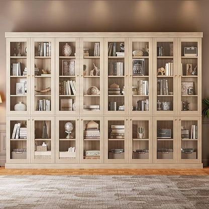 70.8" Bookshelf with Glass Doors, Farmhouse Modular Bookcase with 6-Tier Adjustable Shelves, Large Storage Cabinet for Living Room & Home Office, Brown