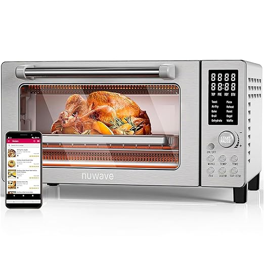 Nuwave Bravo Air Fryer Toaster Smart Oven, 10-in-1 Countertop Convection, 1800 Watts, 21-Qt Capacity, 50°-450°F Temp Controls, Top and Bottom Heater Adjustments 0%-100%, PFAS Free, Stainless Steel