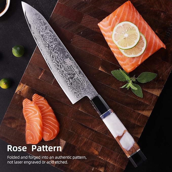 FINDKING 8 Inch Japanese Professional Chef Knife, Damascus Kitchen Blade for Sharp, Sturdy Cuts & Daily Cooking (BLACK-ROSE Series)