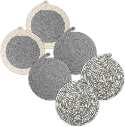 Encasa XO Round Trivet Mats for Hot Dishes with Hanging Loop | Grey Combo - Set of 6 with 7 inch Diameter | Cotton Round Thick Heat Resistant Pot Holders | Use Hot Pads Plate Mats for Hot Pots & Pans