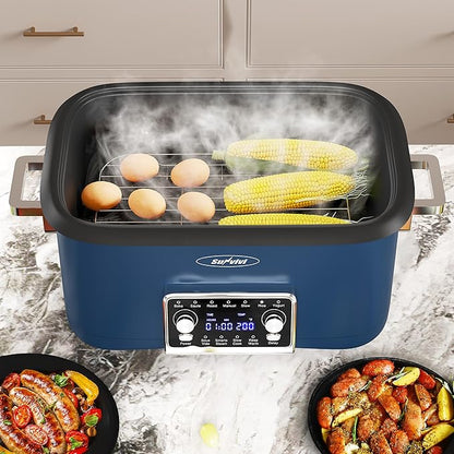 Sunvivi 8 Quart Slow Cooker Roaster Oven, 12 in 1 Programmable Multi-Cooker Food Warmer with Digital Timer, Temp Control, Removable Cast Aluminum Pot & Dishwasher-Safe Tempered Glass Lid, Blue