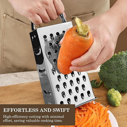 Stainless Steel Vegetable Grater, 4-Sided Portable Metal Grater, Cheese Grater with Handle for Kitchen (8inch)