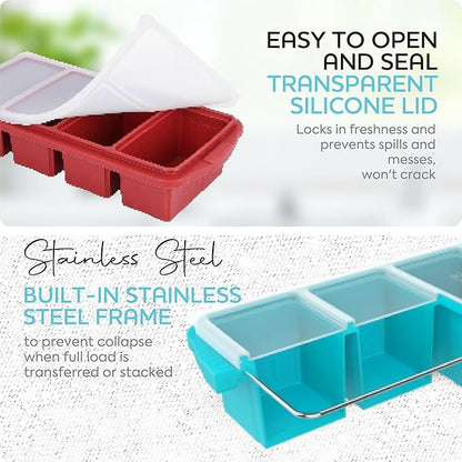 Silicone Freezer Tray With Lid - Soup Freezer Container molds - Large Ice Cube Tray- makes 8 perfect 1 cup portions cubes, 2-Pack Freezer Storage Food Soups & Meal Prep - Oven & Dishwasher -Safe