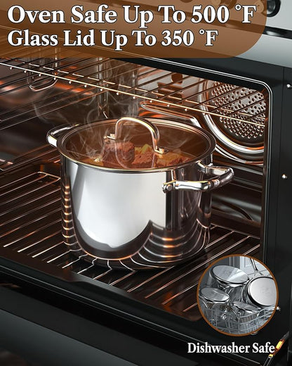 Cook N Home Stainless Steel Stockpot with Lid 7 Quart, Tri-Ply Clad Dutch Oven Soup Pot, Induction Cooking Pot, Silver