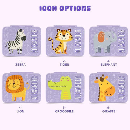 Personalized Bento Box for Kids with Safari Icon and Name - Lilac - 5 Compartments Drop-Proof Bento Box, Dishwasher Safe, Made with BPA-Free Materials, Bento Lunch Box for Kids and Toddlers