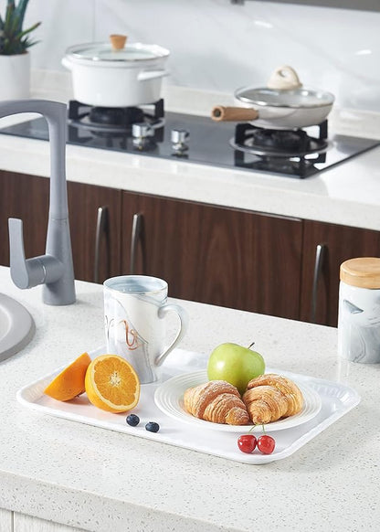 Blue Boat 15" x 11" Rectangular Serving Trays Set of 4 White, Melamine Serving Platter, Light Weight Easy to Clean Sturdy Stackable BPA-Free Dishwasher Safe