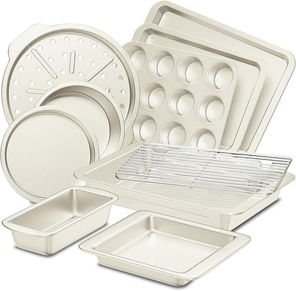 HONGBAKE Bakeware Sets, Baking Pans Set, Nonstick Oven Pan for Kitchen with Wider Grips, 10-Piece Including Rack, Cookie Sheet, Cake Pans, Loaf Pan, Muffin Pan, Pizza Pan -Cream