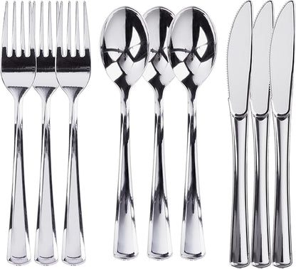 Prestee 600 Plastic Silverware Set, Silver Plastic Utensils, Disposable Flatware Set with Forks 200, Spoons, Knives, Heavy-Duty Bulk Silverwares for Christmas Parties and Events