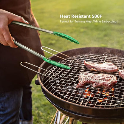 9-Inch & 12-Inch Premium Stainless Steel Food Tongs, Turquoise Silicone BPA Free Non-Stick BBQ Cooking Grilling Locking Kitchen Tong