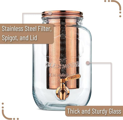 Brew To A Tea Cold Brew Coffee Maker, 1 Gallon, Rose Gold, Mason Jar, 16 Servings