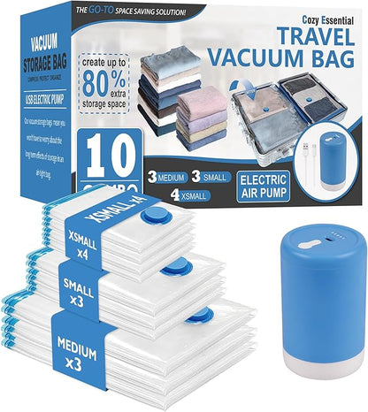 Cozy Essential Travel Vacuum Bags with Rechargeable Electric Pump, 10 Pack Vacuum Travel Bags for Luggage and Suitcase, Vacuum Seal Space Saver Compression for Clothes Clothing