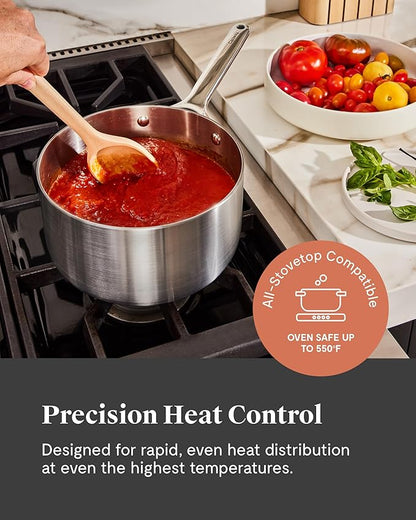 Caraway Stainless Steel Sauce Pan (3 Qt) - 5-Ply Stainless Steel - Oven Safe & Stovetop Agnostic - Non Toxic, PTFE & PFOA Free