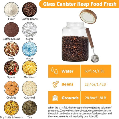 Large Glass Coffee Jars with Spoons 60 oz /1800ml, Round Storage Canister with Wooden Lid Clear Glass Food Jar for Pantry Sugar Tea Coffee Bean Spice Nuts Cookies Bath Salts (1800ml/60oz)