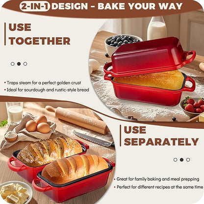Cast Iron Bread Loaf Pan with Lid, Loaf Pans for Baking Bread 9x5, Enameled Bread Pans for Homemade Bread, Sourdough, Set of 2, Cherry