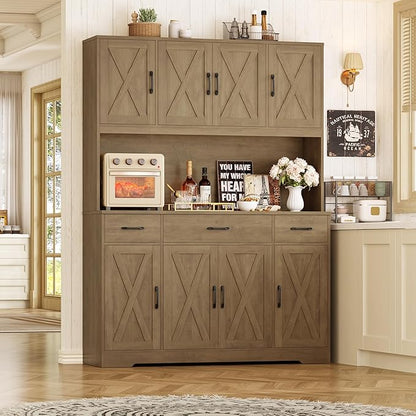 HOSTACK 71" Tall Kitchen Pantry Storage Cabinet with Charging Station, 55" Wide Kitchen Hutch Cabinet with Large Countertop, Farmhouse Food Pantry with Drawers for Living Room (Rustic Brown)