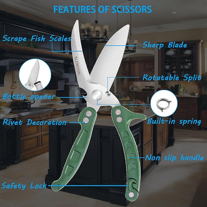 Kitchen Shears Heavy Duty Poultry Shears Meat Cutting Dishwasher Safe and Stainless Food Kitchen Scissors for Chicken Turkey Thanksgiving,Green