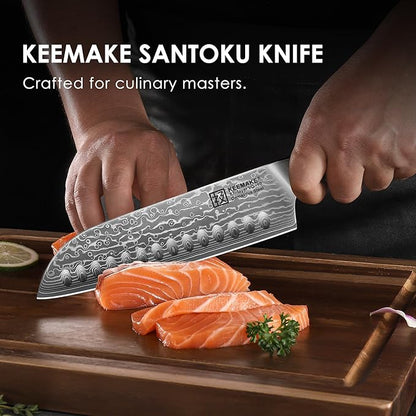 KEEMAKE Santoku Knife 7 inch, Ultra Sharp Damascus Kitchen Knife with Ergonomic Handle, 67-Layer Damascus Steel Knife, Japanese Chef Knife for Sushi Sashimi, Chopping Knife for Fruit Vegetable Meat