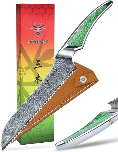 8 inch Serrated Bread Knife, Japanese VG-10 Damascus Steel Kitchen Knife, Ultra Sharp Bread Cutting Knife with Full-tang Handle in Green Resin, LA-S9 Series