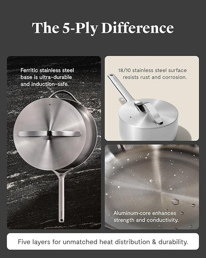 Caraway Stainless Steel Sauce Pan (1.75 Qt) - 5-Ply Stainless Steel - Oven Safe & Stovetop Agnostic - Non Toxic, PTFE & PFOA Free