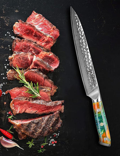 8 Inch Carving Knife, Meat Slicing Knife - Hammered Damascus Steel & Resin Handle - Yao Series