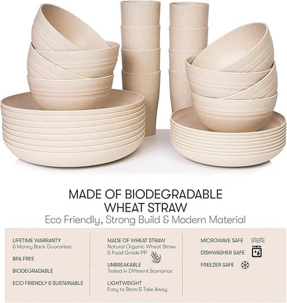 Wheat Straw Dinnerware Sets | Unbreakable Dinnerware Sets | Dishwasher Microwave Safe Dinnerware | Eco Friendly Non Breakable Dinnerware Sets | RV Outdoor Camping (Beige, Service for 8 (32 pcs))