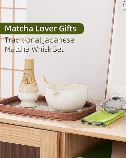 ZENS Matcha Whisk Set, 6pcs Matcha Kit Includes Ceramic Bowl, Handcrafted Bamboo Whisk and Chasen Holder, Scoop, 304 Sifter & Tea Mat，Matcha Set for Tea Ceremony,Latte Making, White