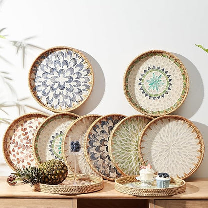 Round Rattan Tray with Mother of Pearl Inlay, Rattan Serving Tray with Wooden Base, Decorative Wicker Basket for Table Decor, Storage and Display of Coffee Bread Food Fruit (Leaf)