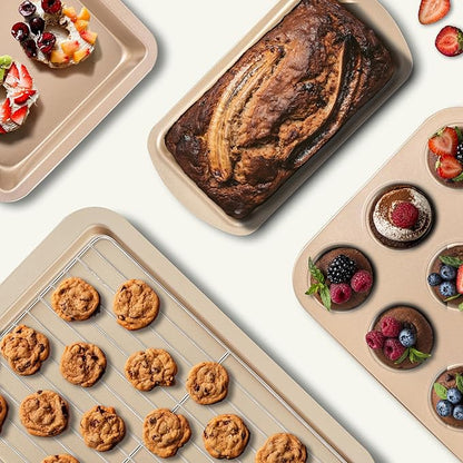 KITESSENSU Baking Pans Sets, Nonstick Bakeware Set 7-Piece with Round/Square Cake Pan, Loaf Pan, Muffin Pan, Cookie Sheet, Roast Pan, Cooling Rack & Silicone Oven Mitts, Carbon Steel Bake Set,Gold