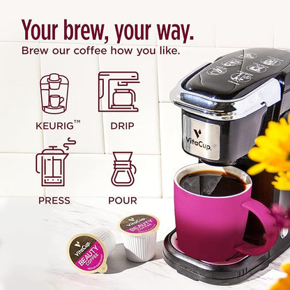 VitaCup Beauty Collagen Coffee Pods for Hair, Skin & Nails, with Biotin & Folate, Medium Dark Roast, Keto Friendly, Recyclable Single Serve Pod Compatible with Keurig K-Cup Brewers,32 Ct