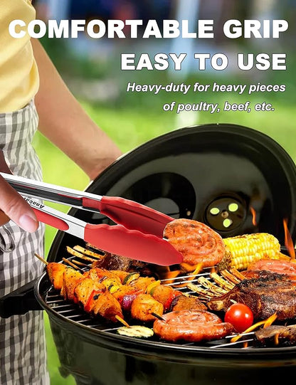 Anaeat Non-Stick Silicone Locking Tong Set of 3 - Stainless Steel 7", 9" and 12" Kitchen Food Tongs with Non-Slip Silicone Tips and Grip for Cooking, Baking and BBQ - Heat Resistant up to 480°F (Red)