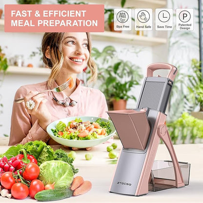 2025 [All in 1] Upgraded Version Safe Mandoline Slicer for Kitchen, Adjustable Thickness. Veggie Slicer, Rapid Prep Mandoline, Detachable Blade, with Cleaning Brush/Paring Knife (GrayPink)