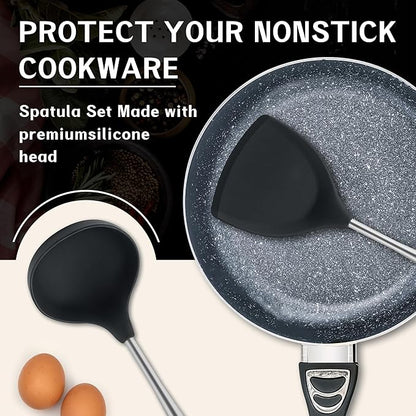 FJNATINH Silicone Wok Spatula,Turner,Ladle,Skimmer,Stainless Steel Wok Tools,Wok Utensil,Non Stick Heat-Resistant Cooking Utensils BPA Free Kitchen Utensils Cookware (Black Stainless Steel-4PCS)