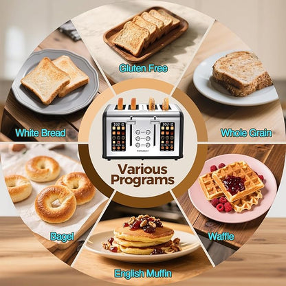 4 Slice Touch Screen Toaster, Stainless Steel Toaster with Wide Slots for Bagels and Bread, Reheat/Defrost/Cancel Functions, Removable Crumb Tray, Matt Black