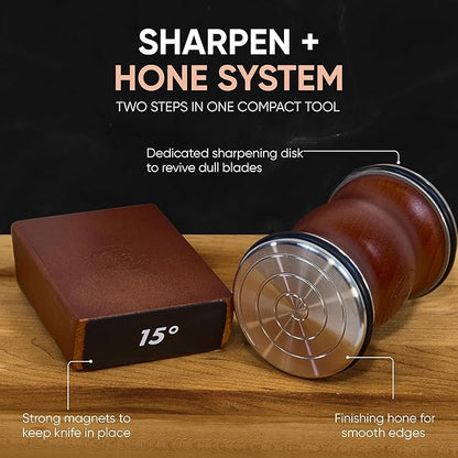 Rolling Knife Sharpener Kit – Premium Walnut Wood Kitchen Knife Sharpener for 15° & 20° Edge - Magnetic Knife sharpener with Diamond & Stainless Disc #1000/#3000
