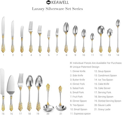 KEAWELL Luxury 20 Pieces 18/10 Stainless Steel Flatware set, Service for 4, silver plated with gold accents, Fine Silverware set and Dishwasher Safe (Gold Accent)