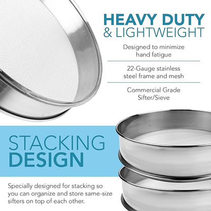 Stainless Steel Flour Sifter Fine Mesh Round Flour Sieve for Baking 8" Diameter x 2.5" High; 50 Mesh (Hole Size 0.3mm)