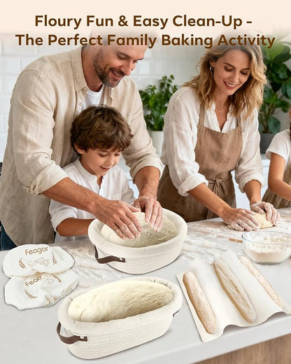Feagar Banneton Bread Proofing Basket Set - 2 Pack Oval Cotton Rope Bread Basket with Liners, Covers & Proofing Cloth for Artisan Bread Baking, Sourdough Bread Baking Supplies
