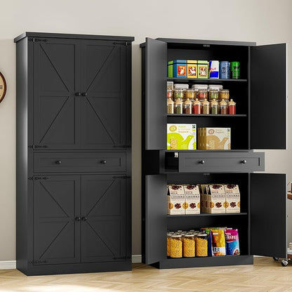 Pantry Organizers and Storage Cabinet, 70” Barn Door White Kitchen Cabinet with Drawers and Adjustable Shelf, Tall Pantry for Kitchen, Dining Room, Living Room Bedroom